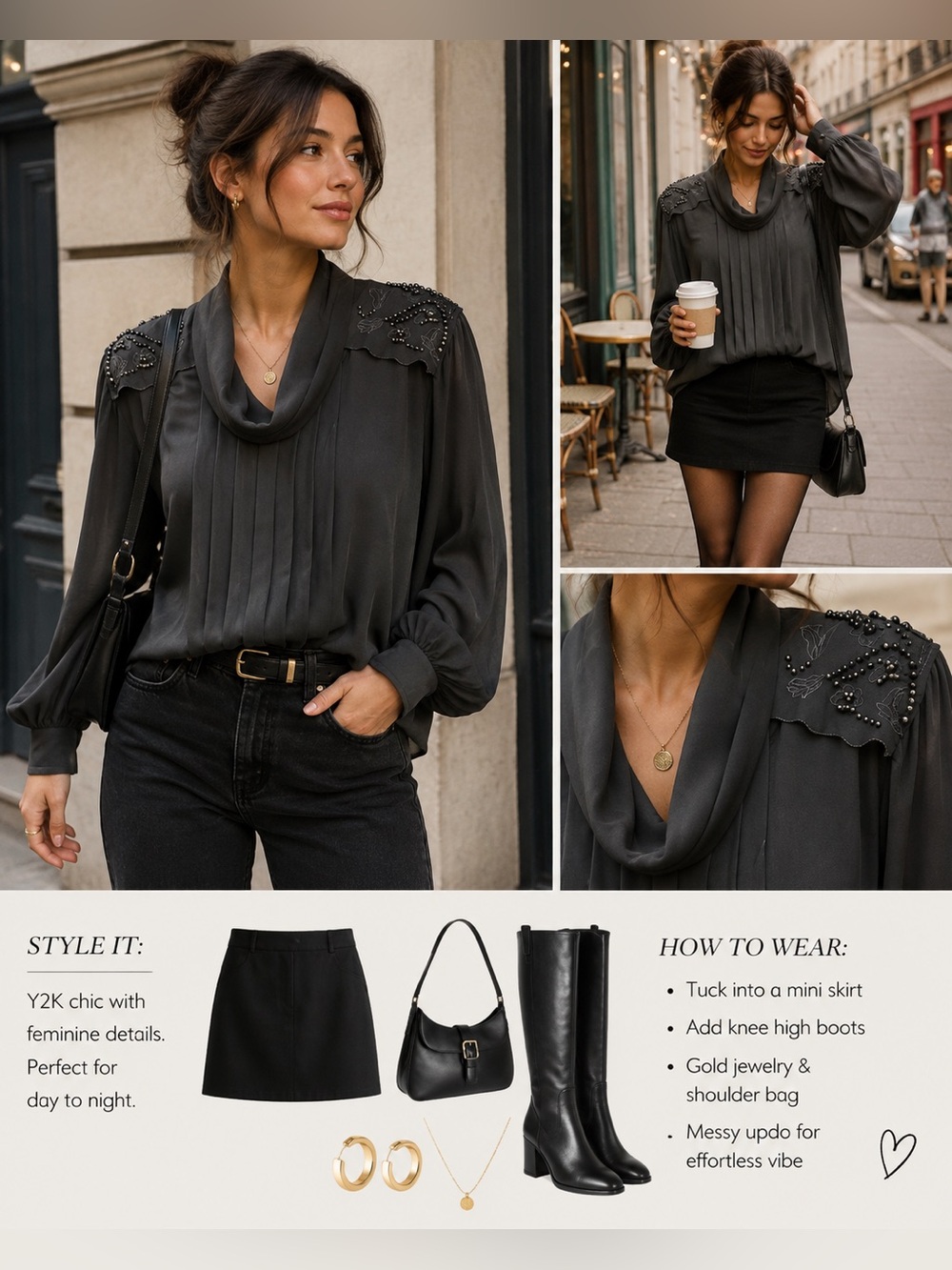 Black Pleated Front Blouse with Beaded Shoulder Accents
